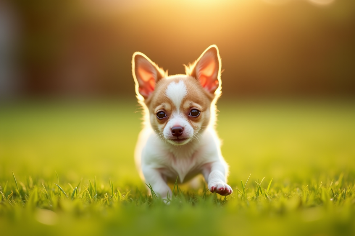 Chiot chihuahua en plein air sur une pelouse verte ensoleillée