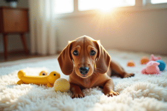 Chiot dachshund joueur sur une couverture blanche ensoleillée