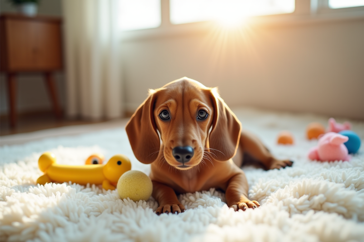Chiot dachshund joueur sur une couverture blanche ensoleillée