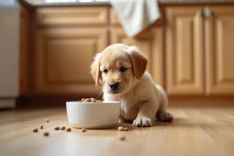 Chiot golden retriever assis devant une gamelle de croquettes Ultra Premium sur un parquet en bois clair