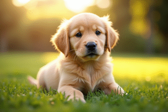 Chiot golden retriever doré sur pelouse ensoleillée