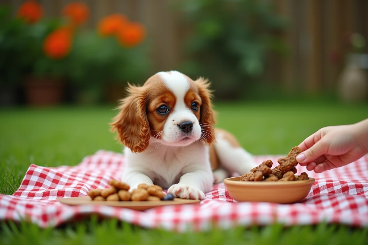 Jeune chiot king charles sur lherbe avec friandises