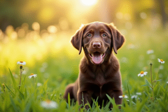 Chiot labrador chocolat dans un champ vert ensoleille