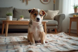 Chiot de 10 semaines assis seul sur un plaid dans un salon chaleureux