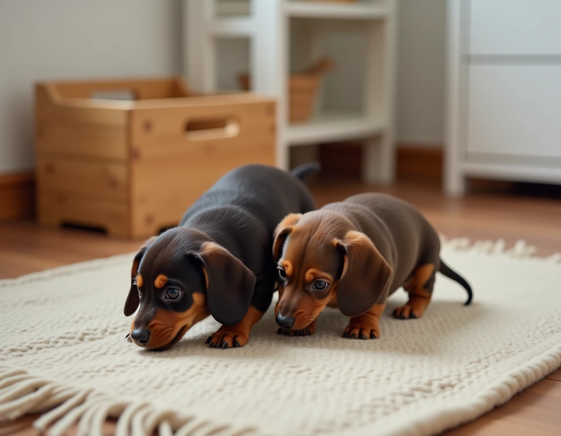 Chiots teckels Kaninchen jouant sur une couverture dans une salle d'élevage familiale