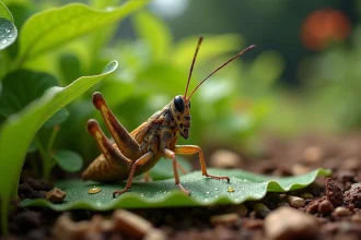 Cigale perchée sur une feuille de gazon dans un jardin luxuriant