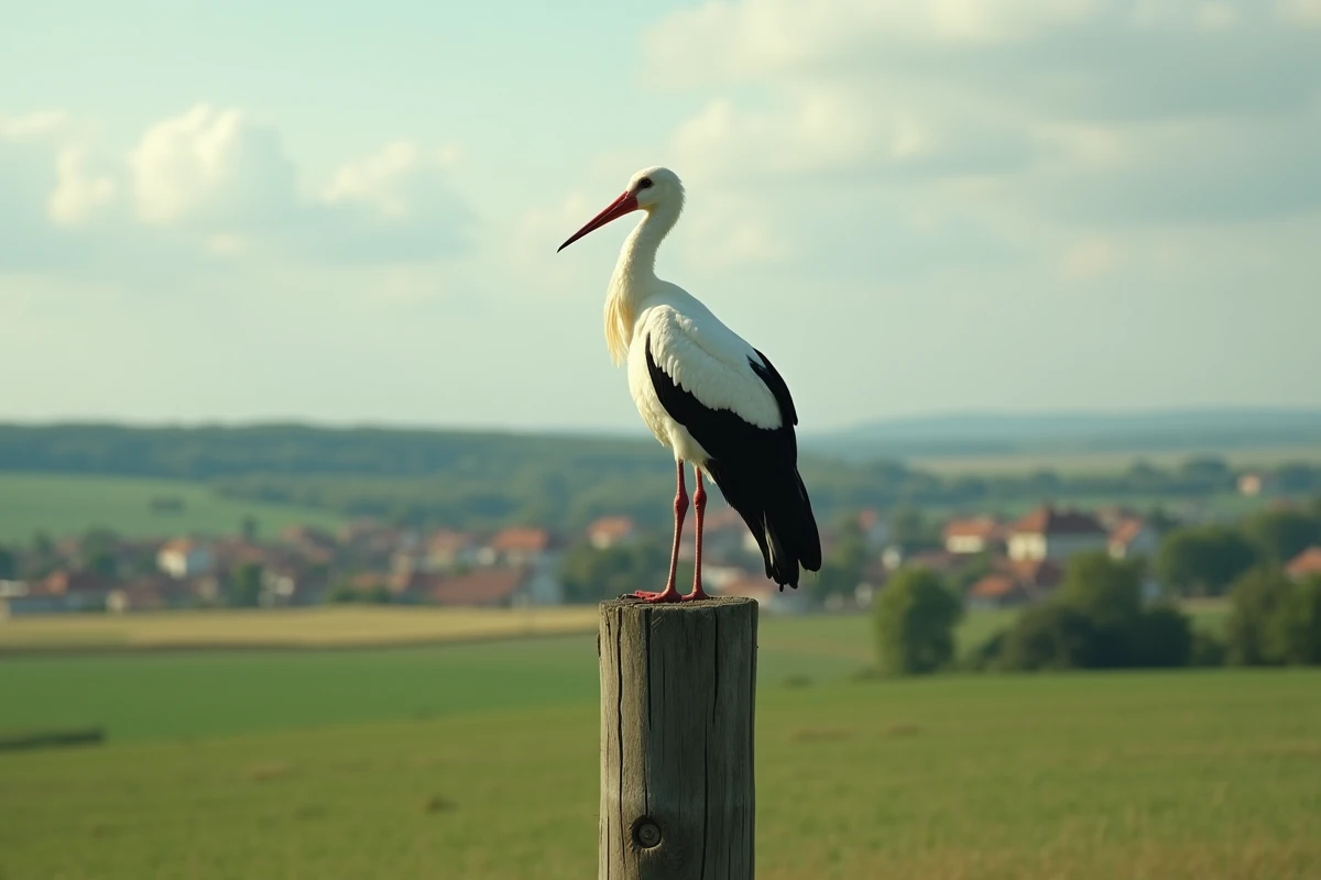 Cigogne blanche perchée sur un poteau en bois dans un paysage rural de Moselle avec village lorrain en arrière-plan