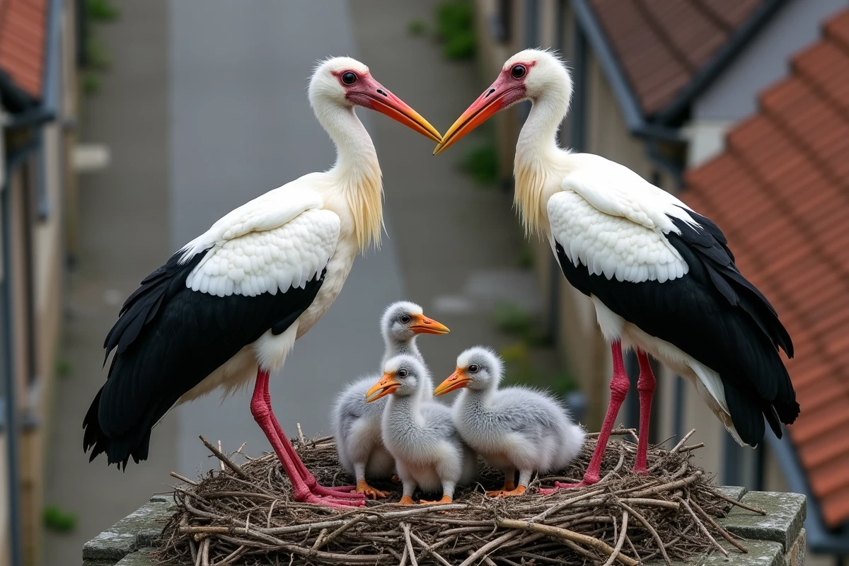 Deux cigognes adultes nourrissant leurs poussins dans un nid sur un toit en Moselle avec architecture lorraine en arrière-plan