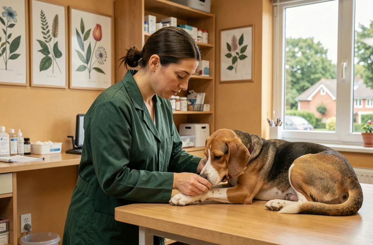 Vétérinaire de la Clinique Bel Air à Clamart examinant un beagle avec soin