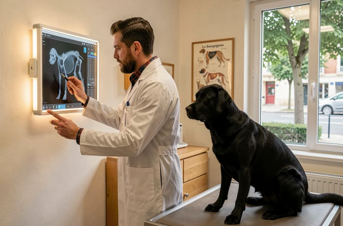 Vétérinaire analysant des radiographies avec un labrador à la Clinique des Bourguignons à Asnières-sur-Seine