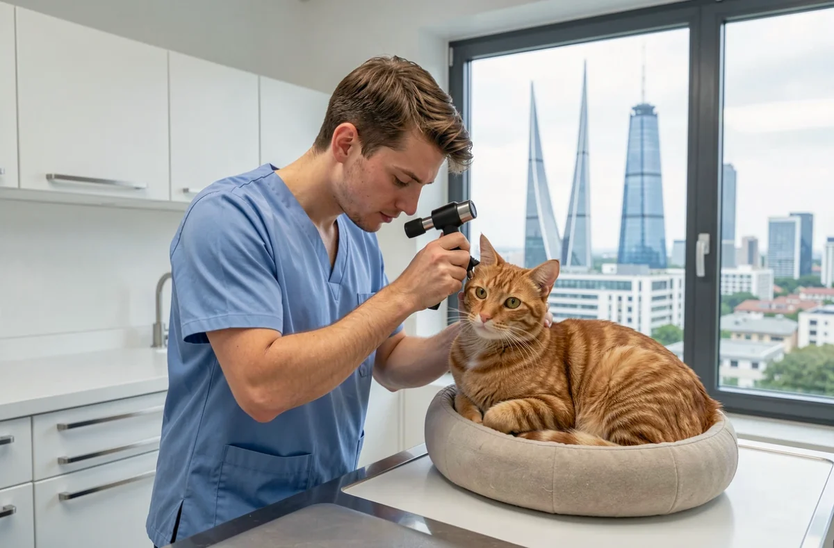 Vétérinaire examinant un chat roux à la Clinique vétérinaire de Courbevoie avec La Défense en arrière-plan