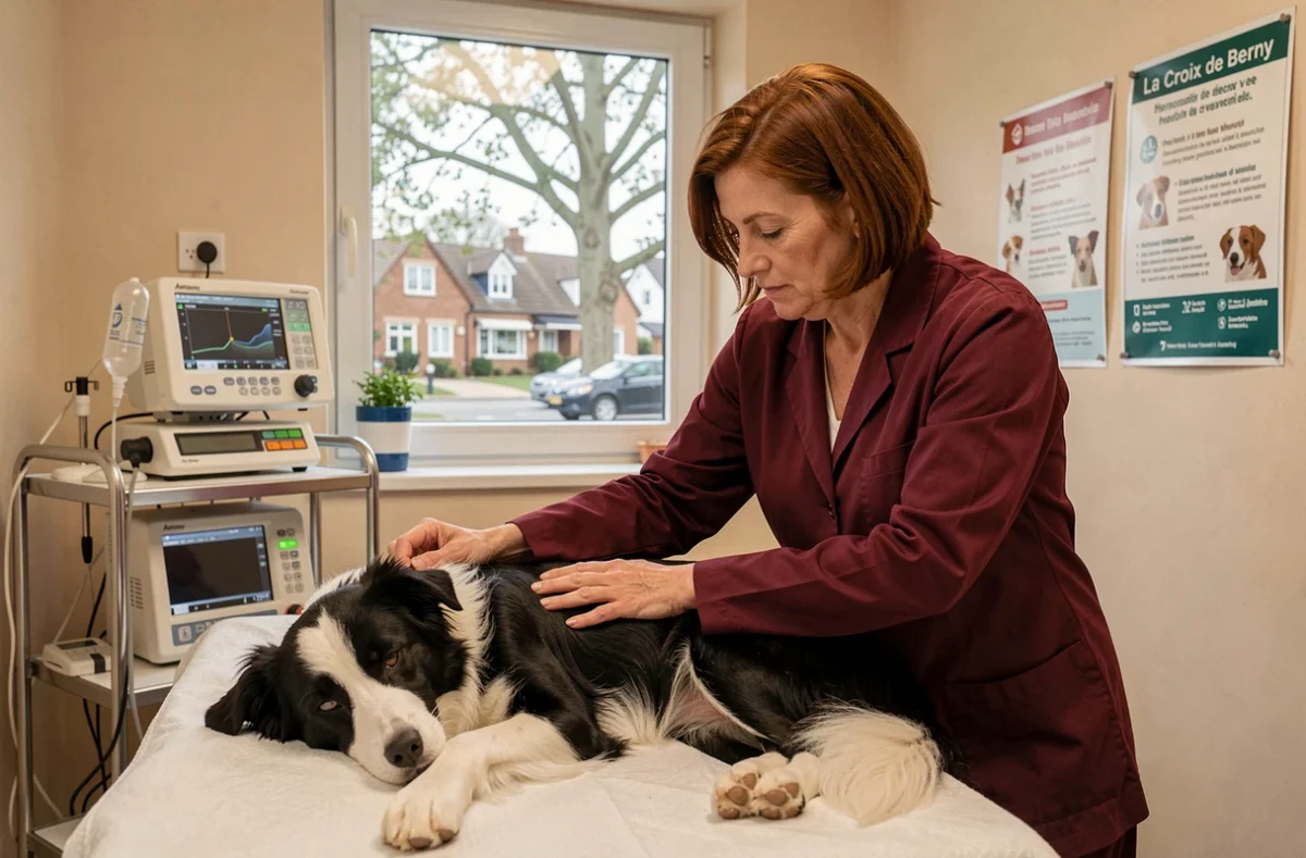 Vétérinaire vérifiant un border collie en convalescence à la Clinique de la Croix de Berny à Antony