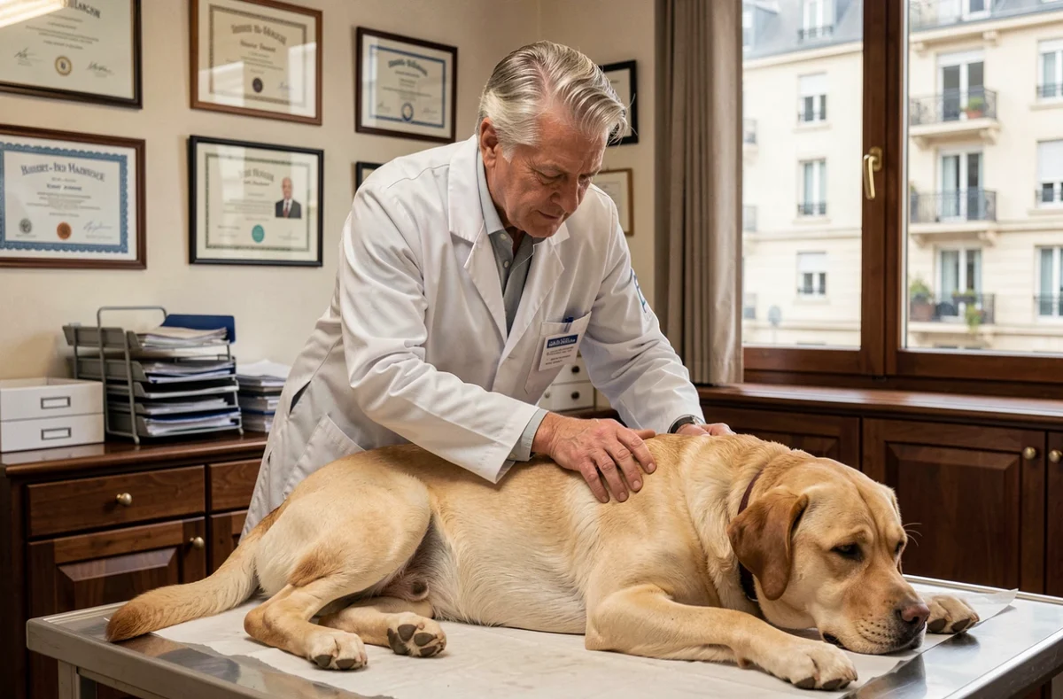 Le docteur Balas examinant un labrador dans sa clinique vétérinaire à Boulogne-Billancourt