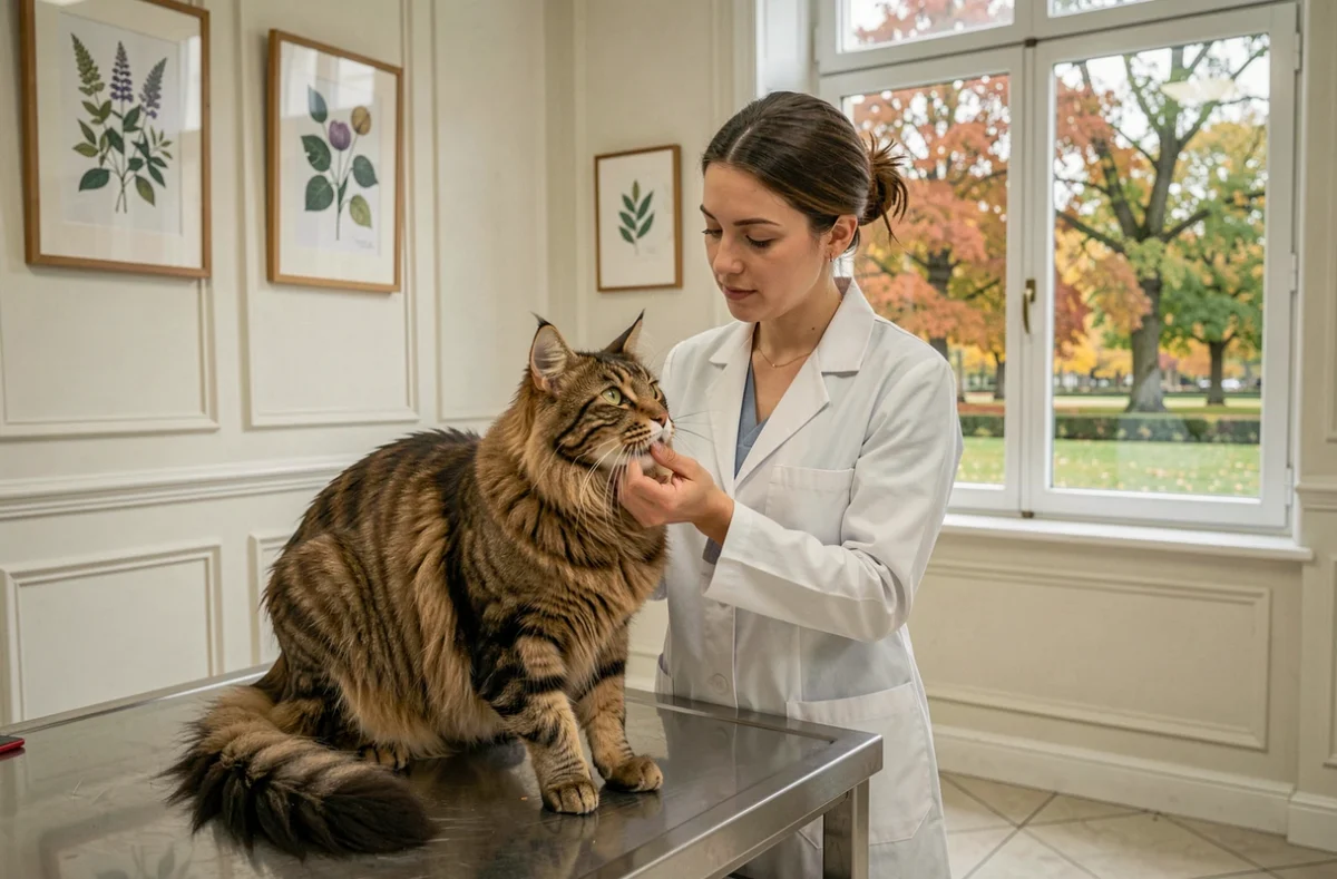 Vétérinaire effectuant un bilan dentaire sur un Maine Coon à la Clinique vétérinaire du Parc à Sceaux