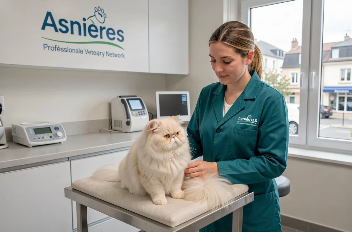 Vétérinaire du réseau Sevetys examinant un chat à la clinique d'Asnières-sur-Seine