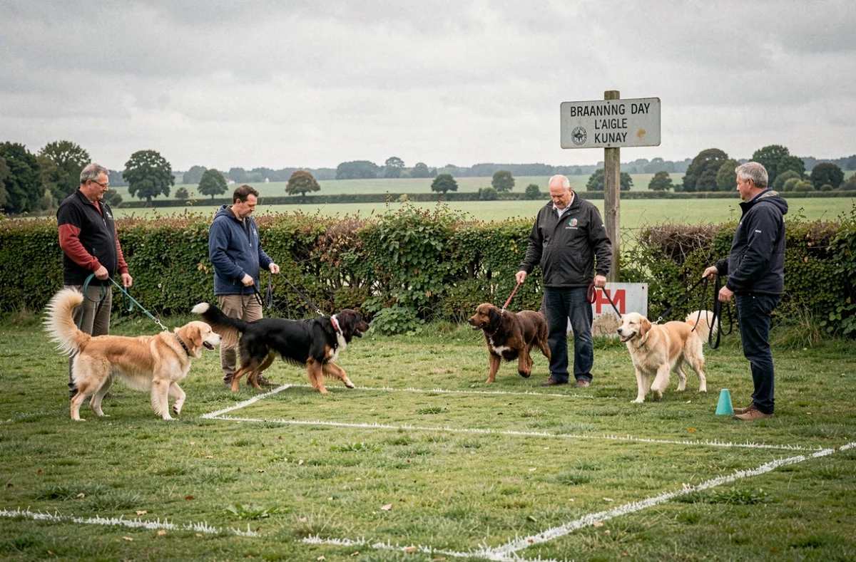 Journée d'entraînement collectif au Club d'Éducation Canine de L'Aigle avec plusieurs binômes chien-maître