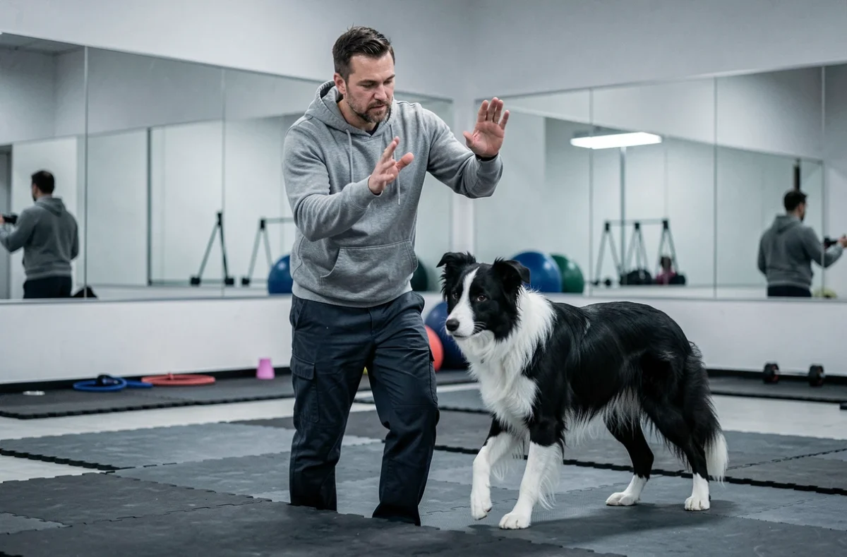 Éducateur Coaching Dog utilisant des signaux manuels avec un border collie dans un studio d'entraînement intérieur moderne