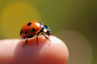 Coccinelle sur le doigt d'une personne en lumière naturelle
