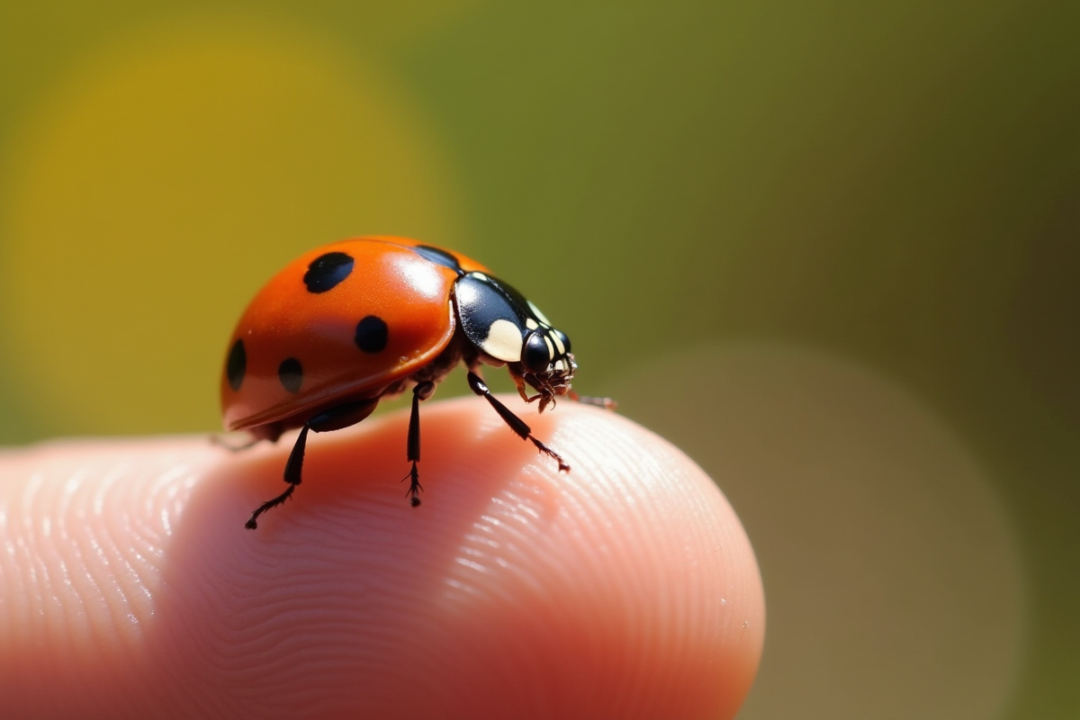 Coccinelle sur le doigt d'une personne en lumière naturelle
