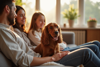 Cocker spaniel américain avec famille dans le salon chaleureux