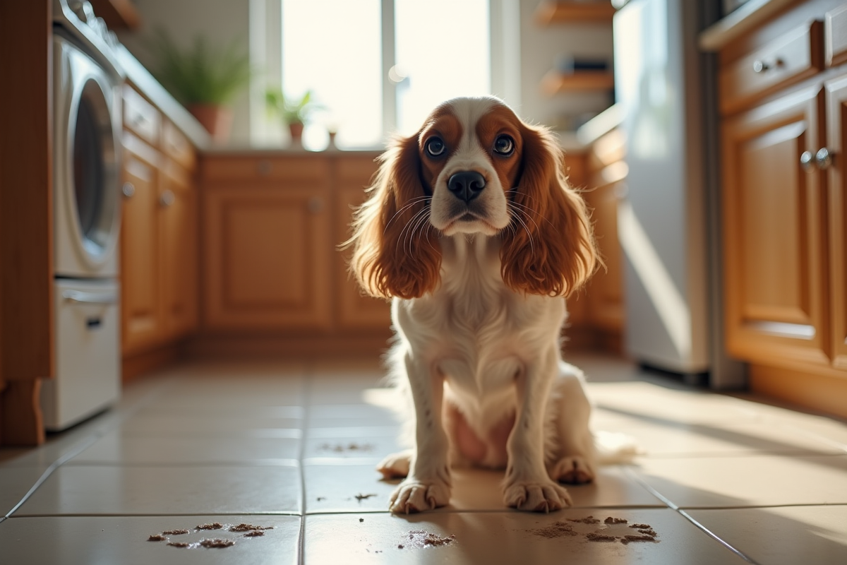 Cocker spaniel seul dans la cuisine avec pattes boueuses