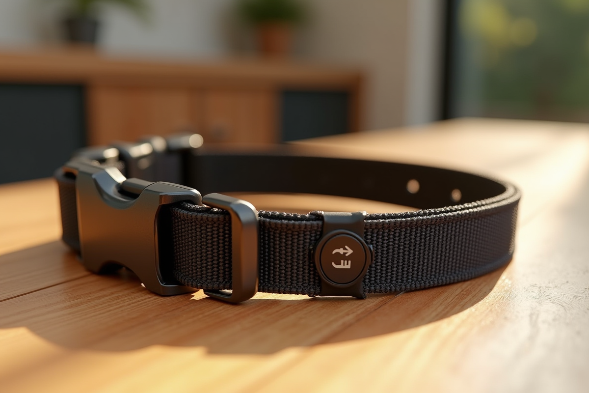 Zoom sur un collier robuste avec harnais antislip sur une table en bois clair
