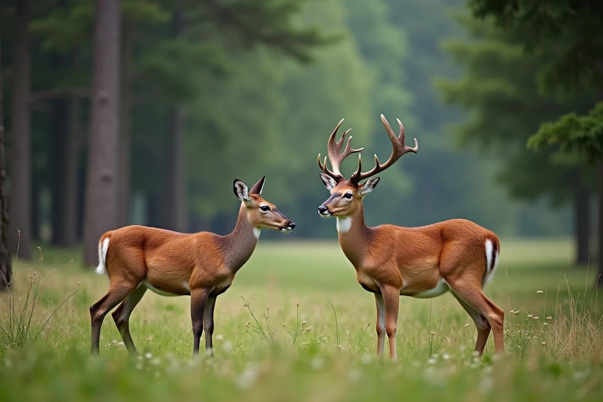 Comparaison visuelle entre un chevreuil et un cerf dans une clairière forestière, mettant en évidence les différences de taille et de morphologie