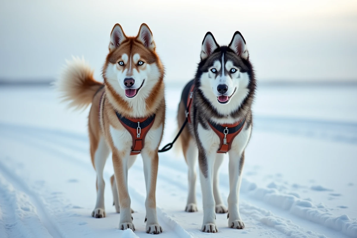 Comparaison entre un chien de traîneau sibérien de type Tchouktche et un husky de Sibérie de race pure en harnais sur un sentier arctique gelé