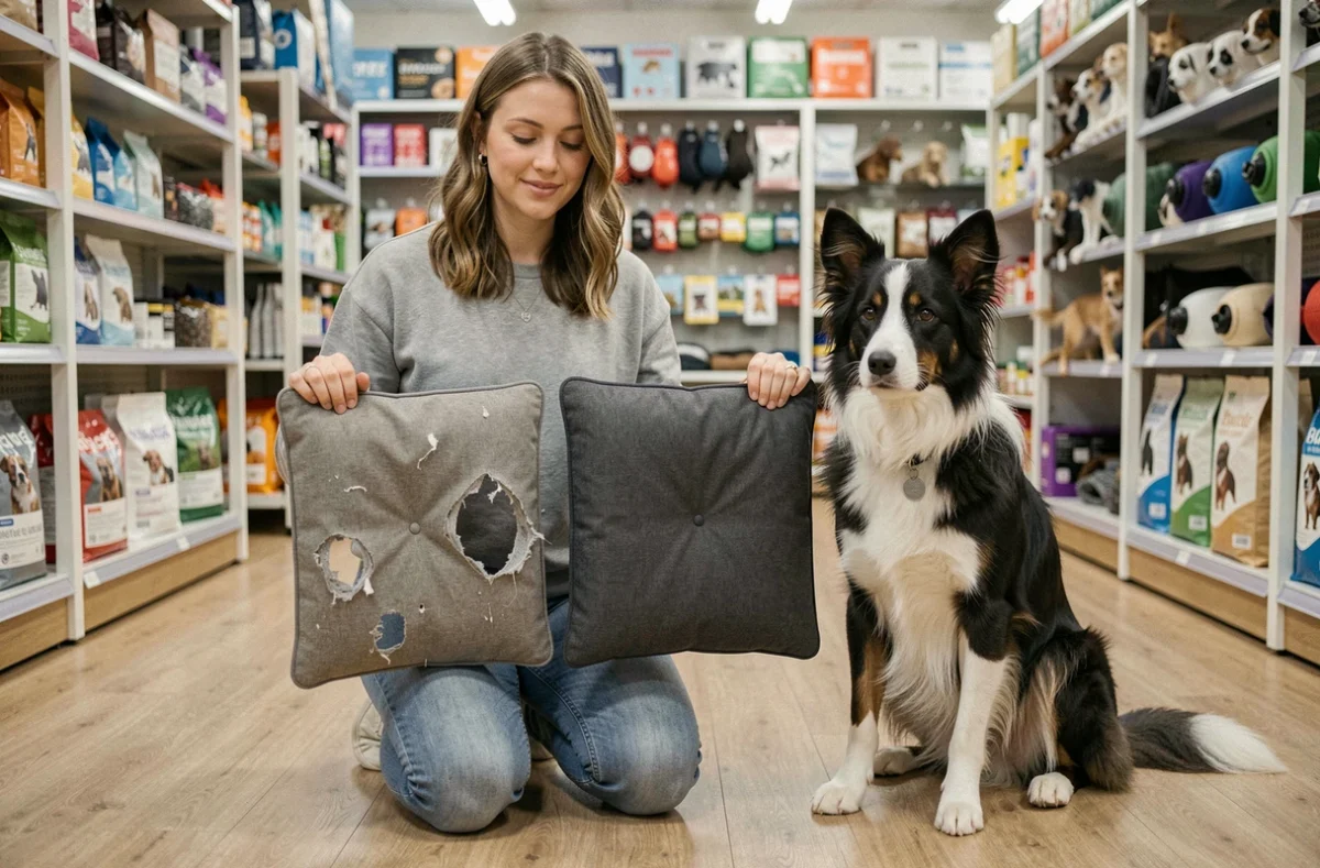 Femme comparant un coussin pour chien abîmé et un coussin indestructible dans une animalerie, avec un border collie assis à côté