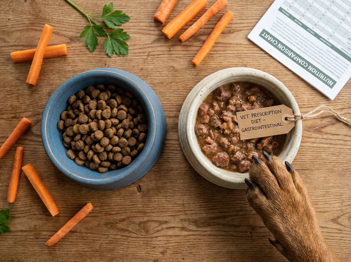 Comparaison entre croquettes classiques et alimentation vétérinaire dans deux gamelles pour chien sur une table en bois