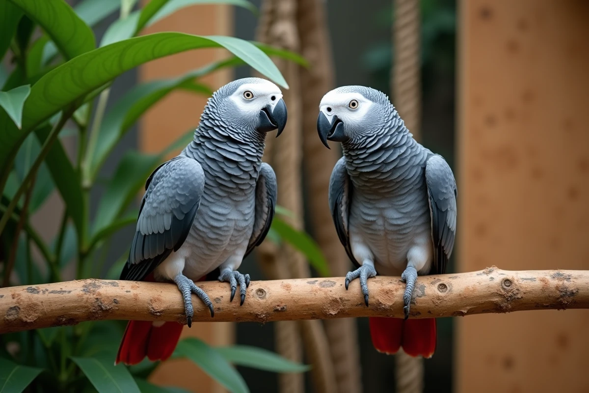 Comparaison côte à côte d'un gris du Gabon standard et d'un gris du Gabon bleu dans une volière naturelle pour identifier les différences de plumage