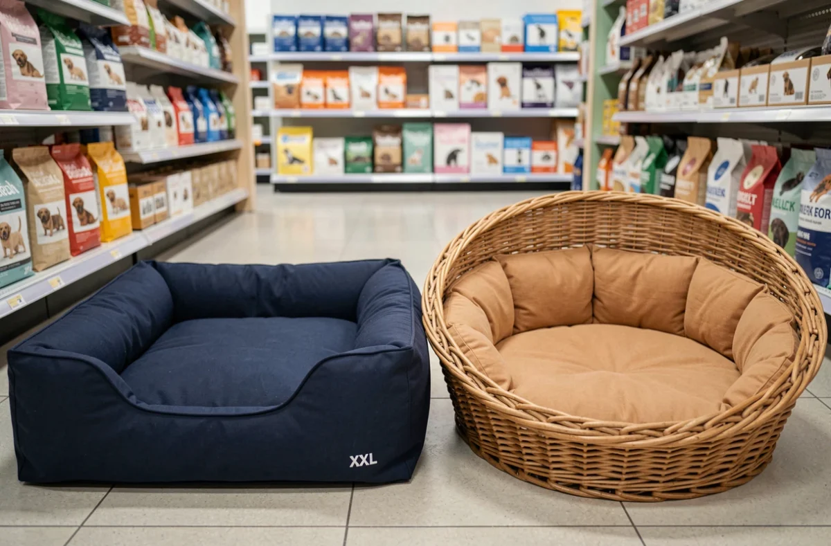 Comparaison entre un lit XXL pour chien et un grand panier en osier en rayon animalerie