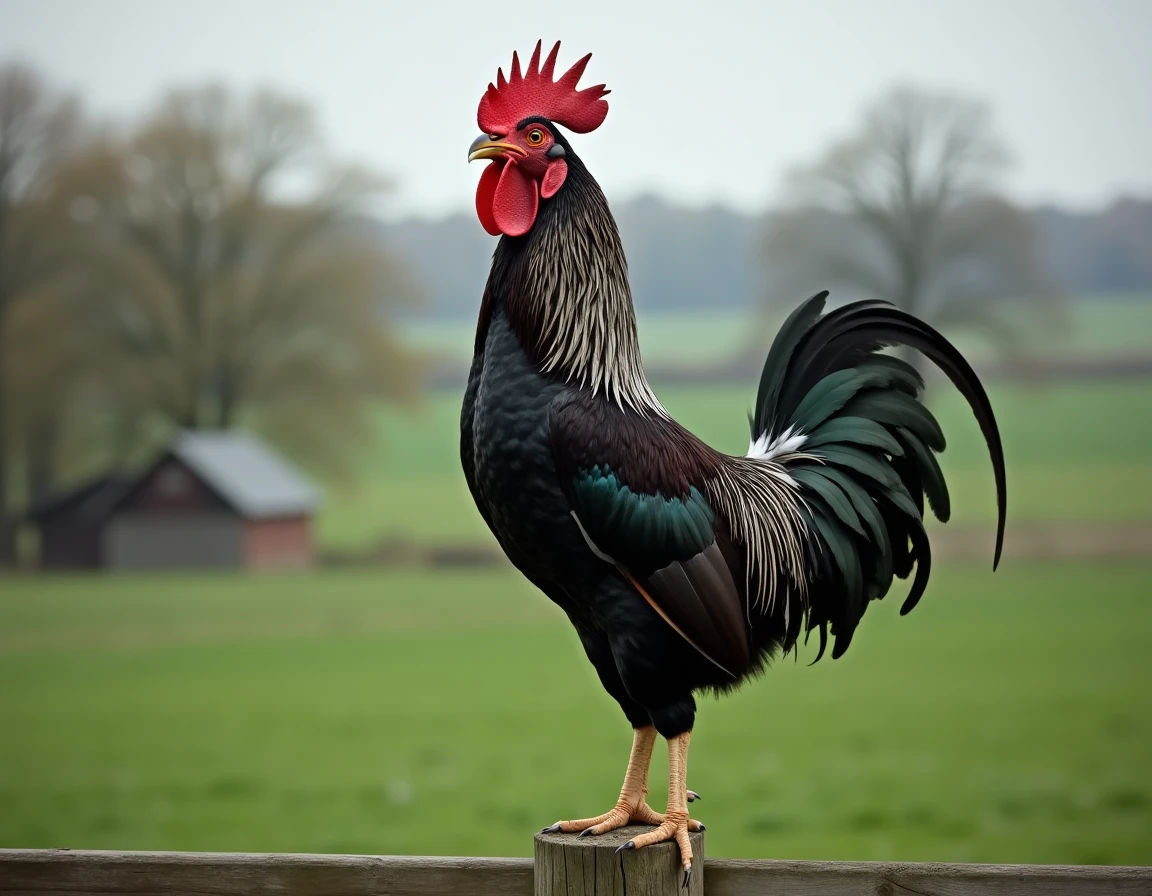 Coq Brahma Columbian perché sur un piquet en bois en train de chanter dans la campagne