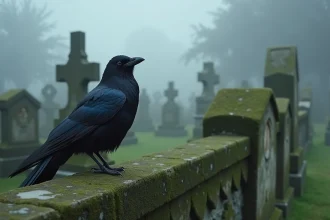 Corbeau noir perché sur un mur de pierre d'un vieux cimetière brumeux, symbolique des oiseaux et présages de mort dans les cultures populaires