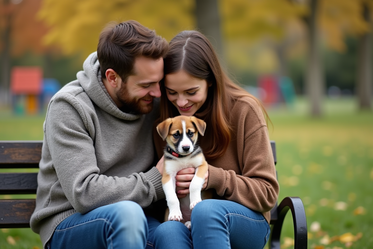 Jeune couple avec un chiot dans un parc en automne