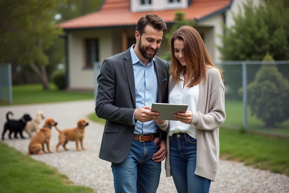 Jeune couple regardant tablette avec chiots à l’extérieur