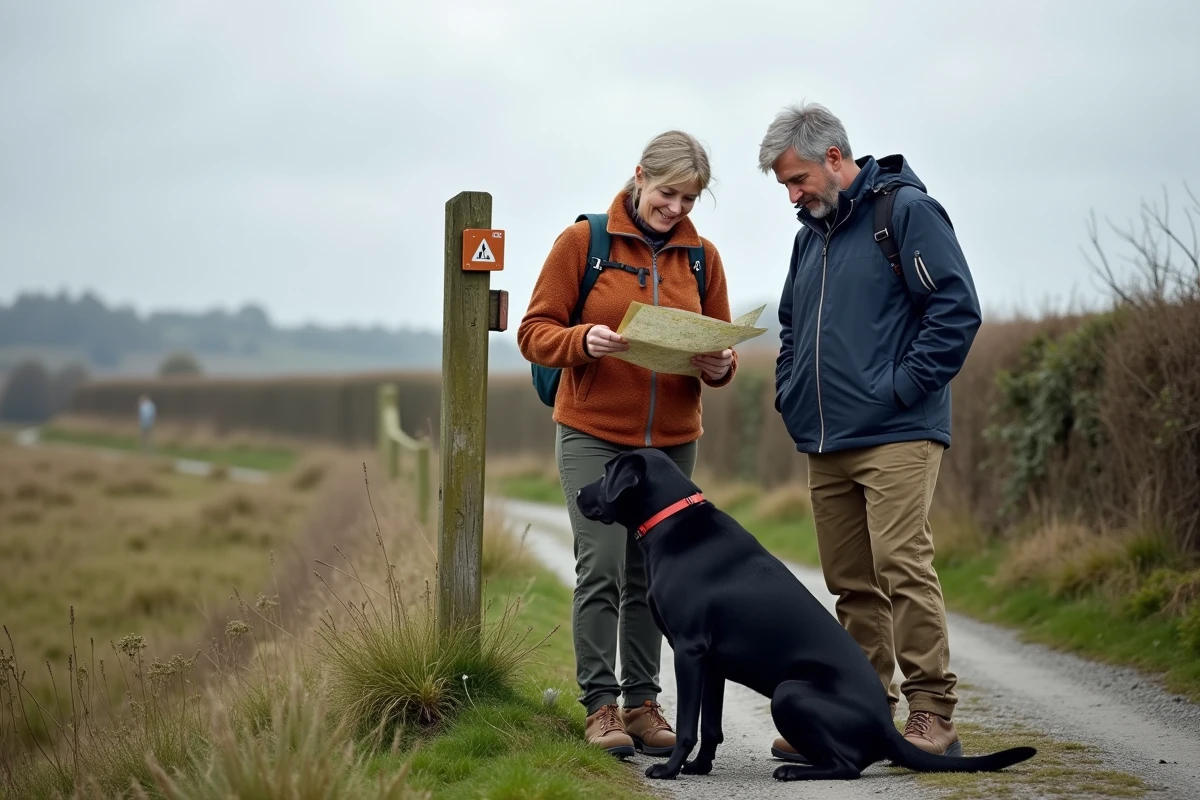 Couple lisant une carte topographique avec leur labrador noir sur un sentier de campagne