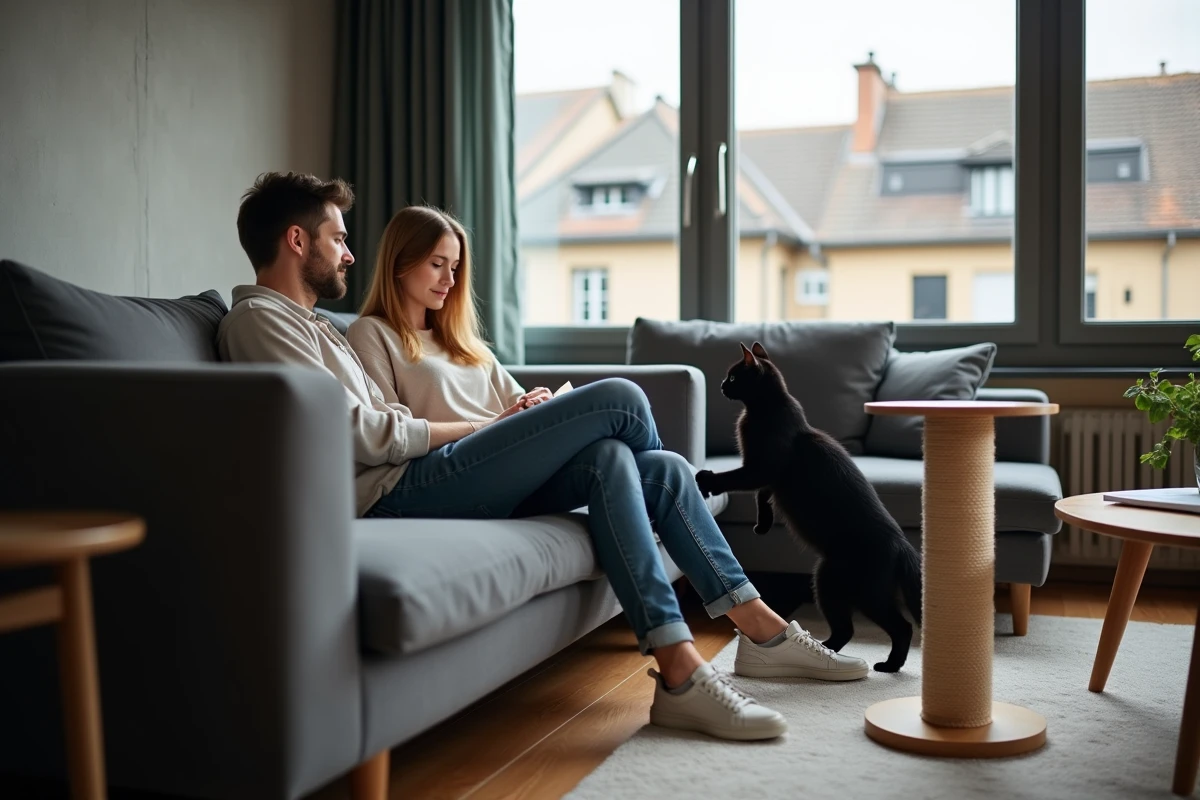 Couple observant leur chat noir explorer son nouvel appartement avec un griffoir après une adoption à Grenoble
