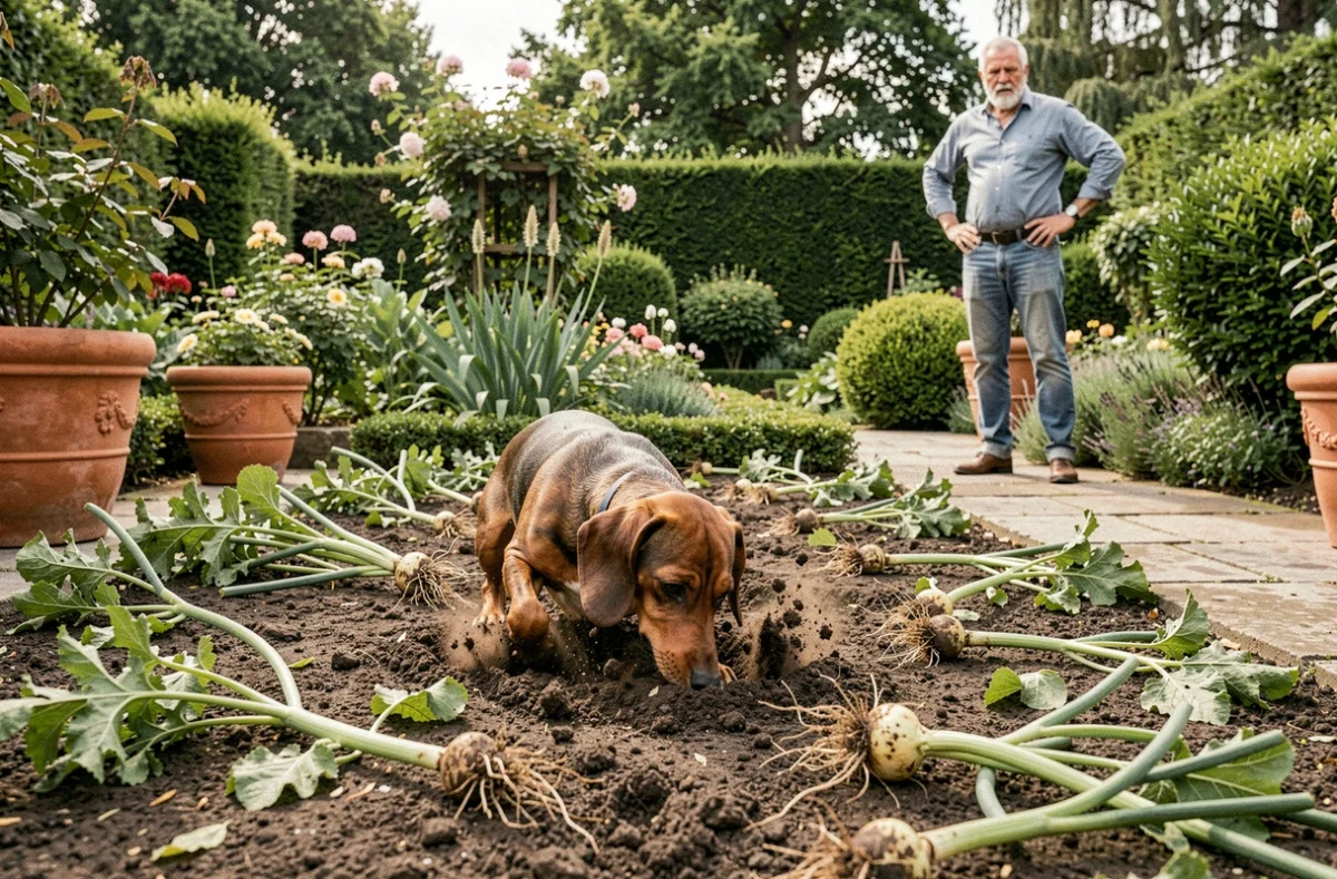 Un teckel en train de creuser compulsivement dans un parterre de fleurs du jardin sous le regard dépité de son propriétaire