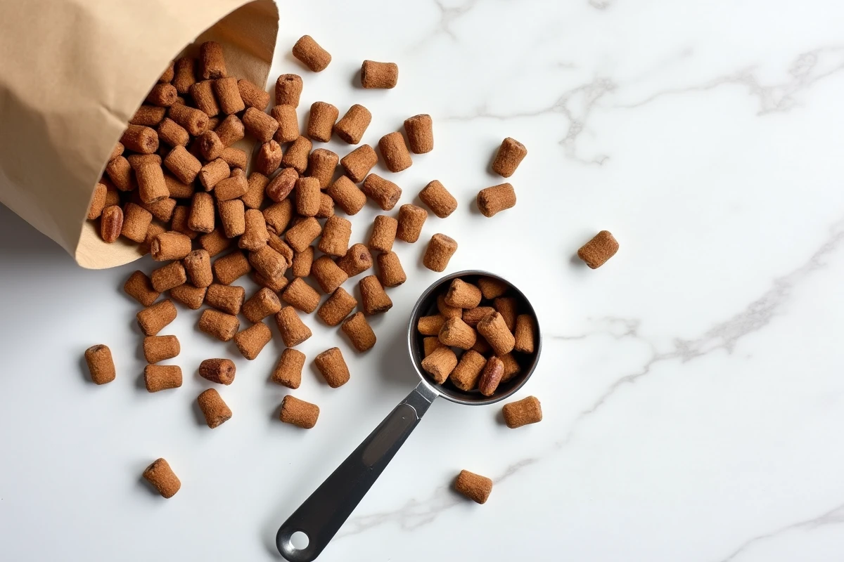 Gros plan sur des croquettes Ultra Premium pour chiot sur marbre blanc avec une cuillère doseuse en inox