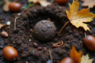 Crottes de sanglier sur le sol forestier humide entourées de feuilles mortes et de glands en automne