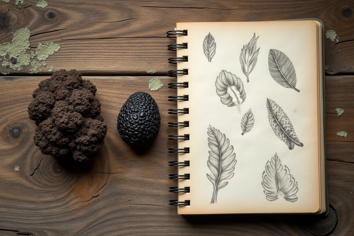 Composition naturaliste avec crottes de sanglier, truffe noire fraîche et carnet de terrain sur bois rustique