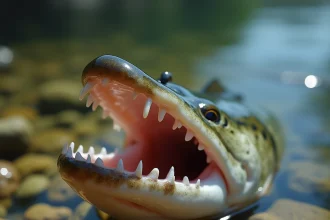 Gros plan sur les dents d'un brochet et un bas de ligne fluorocarbone quasi invisible en eau claire