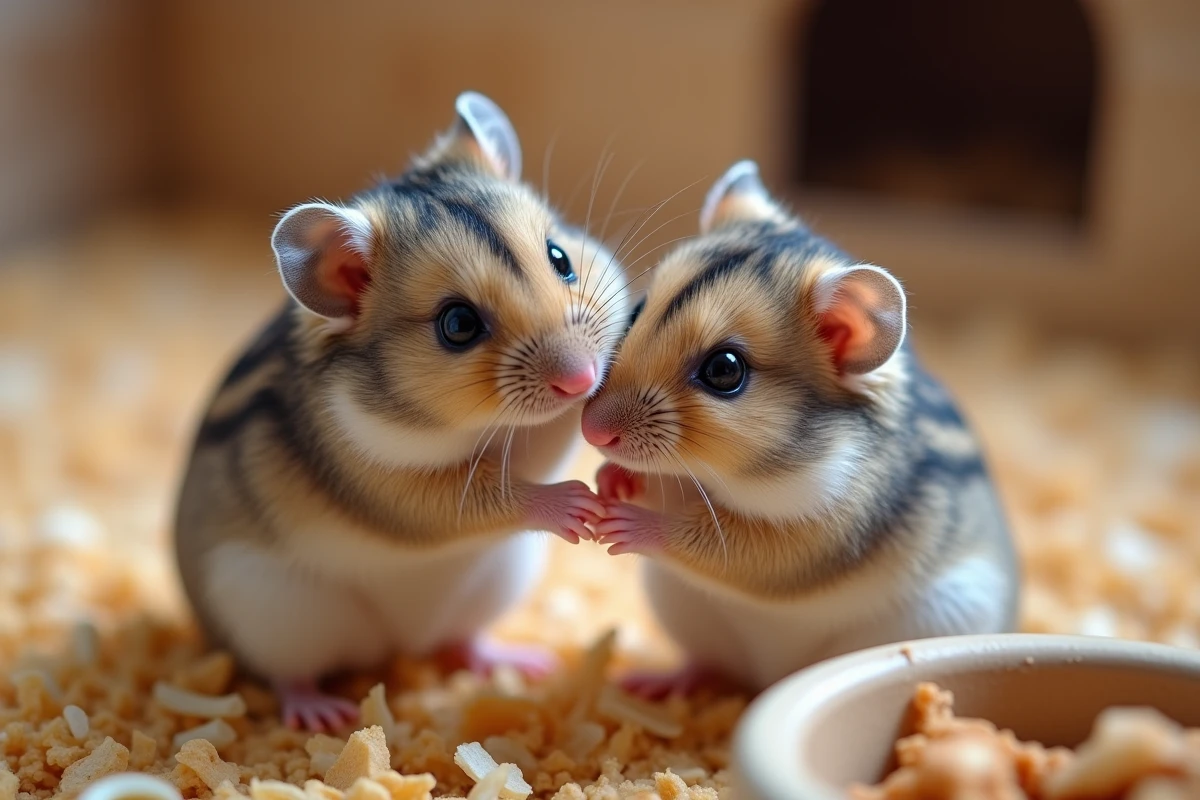 Deux hamsters russes nains se toilettant dans un enclos garni de copeaux de bois