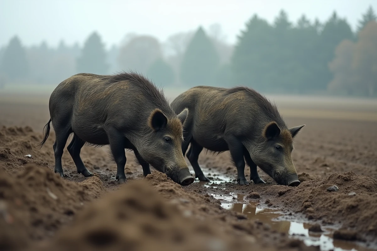 Deux sangliers adultes fouillant la lisière d'un champ agricole en France rurale, contexte naturel et morphologie typique
