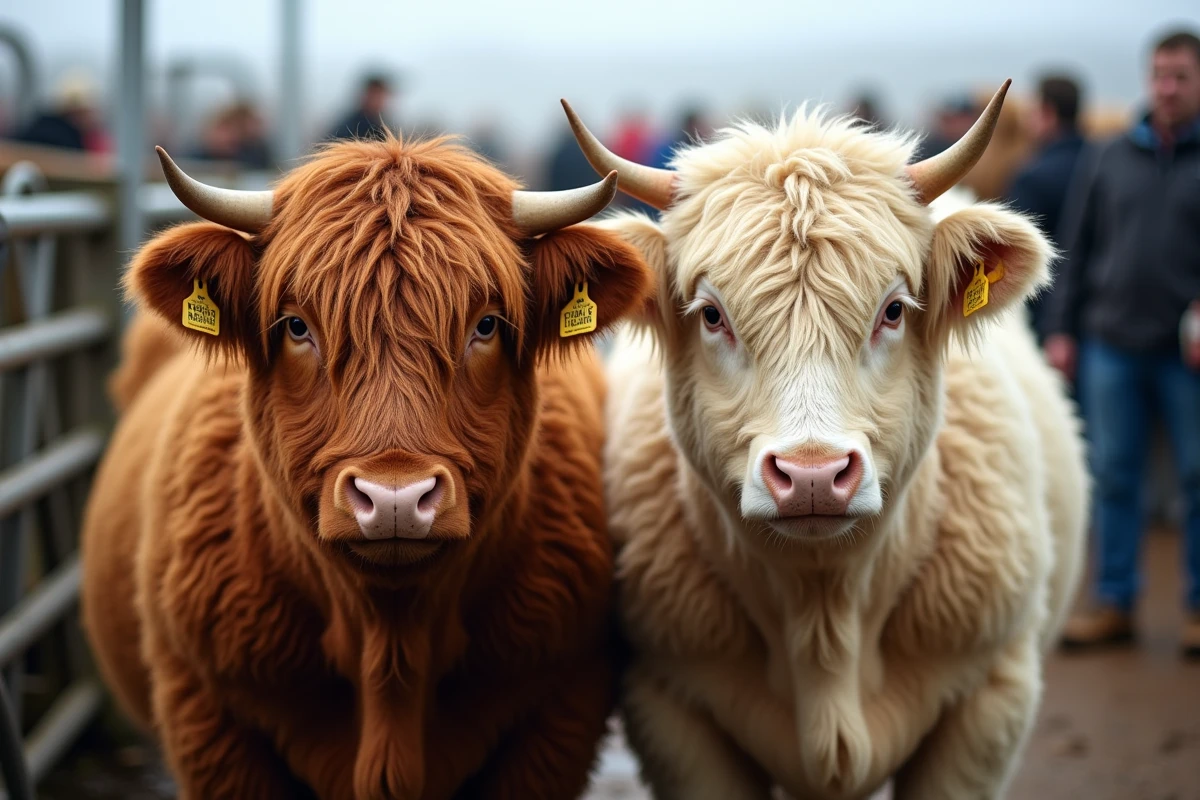 Deux vaches Highland fluffies auburn et crème côte à côte dans un marché aux bestiaux rural