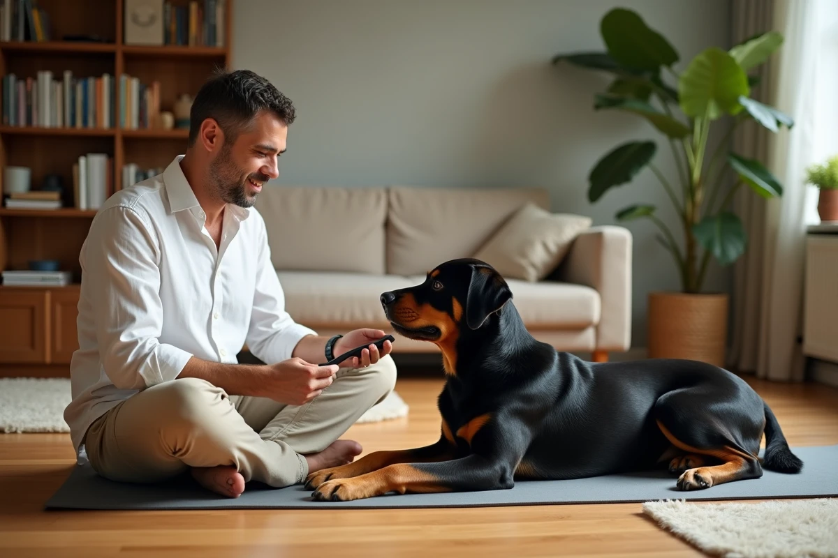 Homme pratiquant le dressage au clicker avec un rottweiler allongé dans un salon, exercice de position couchée et de calme
