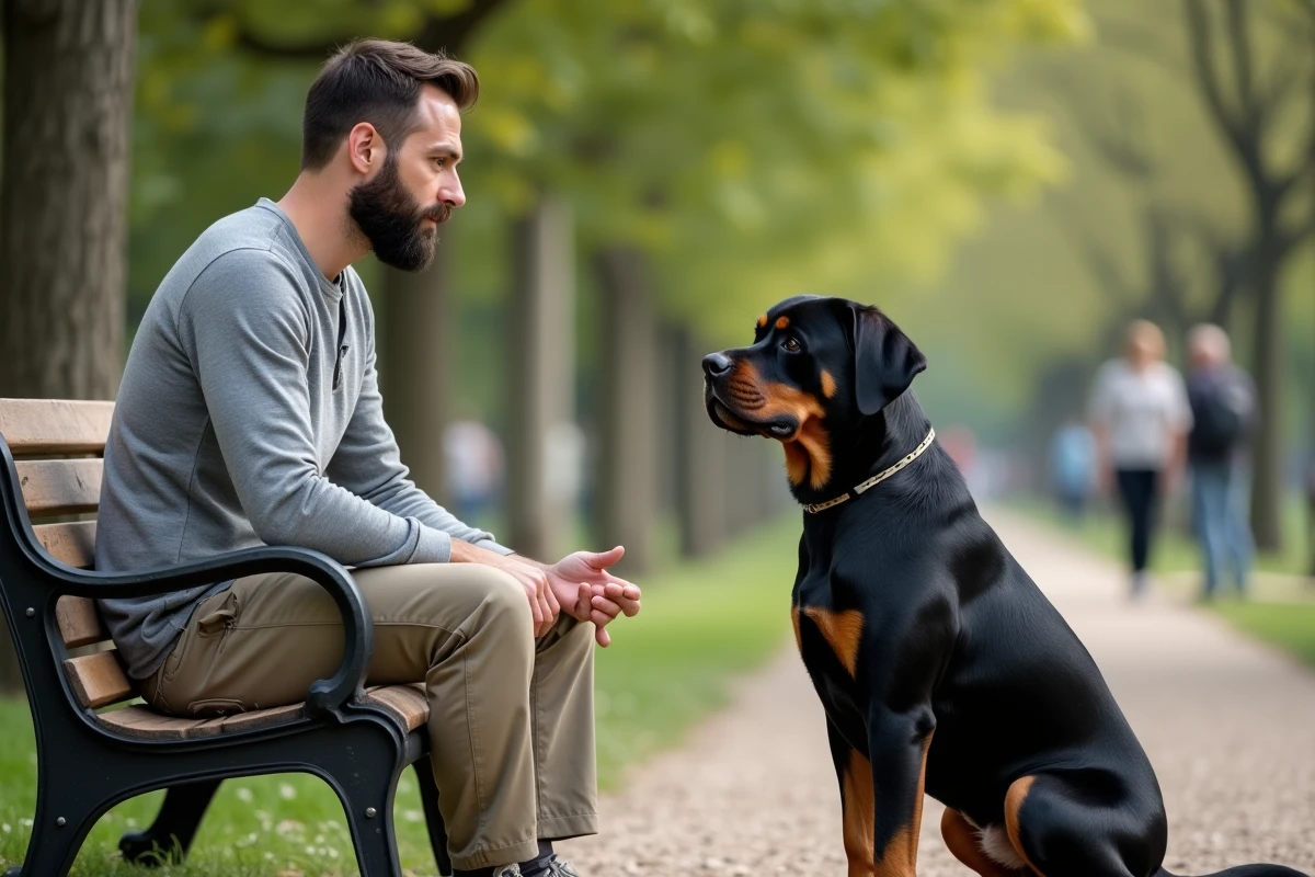 Homme réalisant des exercices d'obéissance avec son rottweiler dans un parc urbain