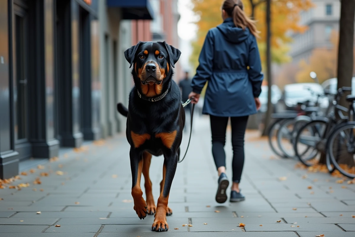 Femme promenant un rottweiler en laisse dans une rue de ville, chien marchant au pied lors d'un entraînement en milieu urbain