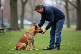 Dresseur canin examinant un staffordshire dans un parc urbain